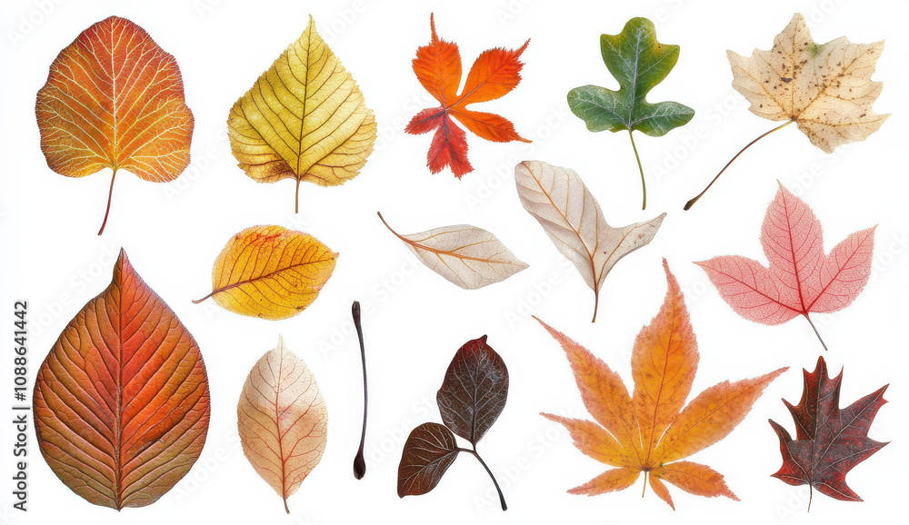 Obraz premium collection of various autumn leaves in different colors and shapes, showcasing beauty of fall foliage. leaves include shades of red, orange, yellow, and brown, creating vibrant display