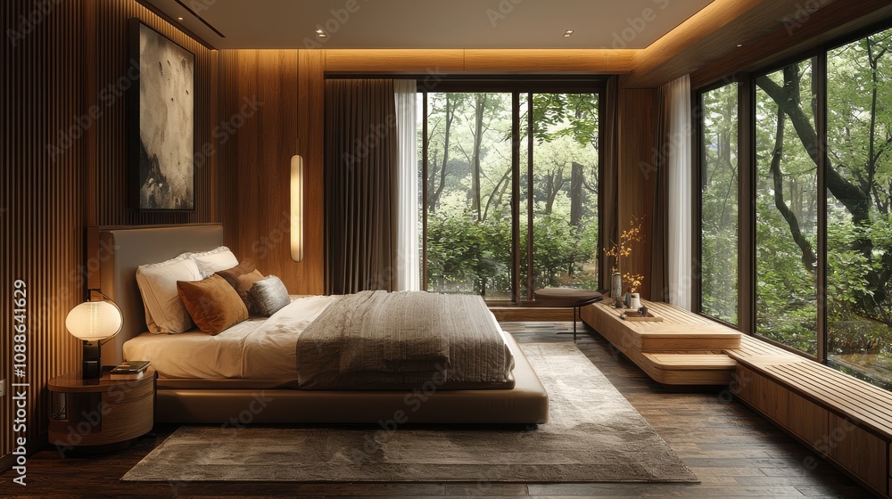 Modern bedroom design with large windows overlooking a tranquil forest in daylight