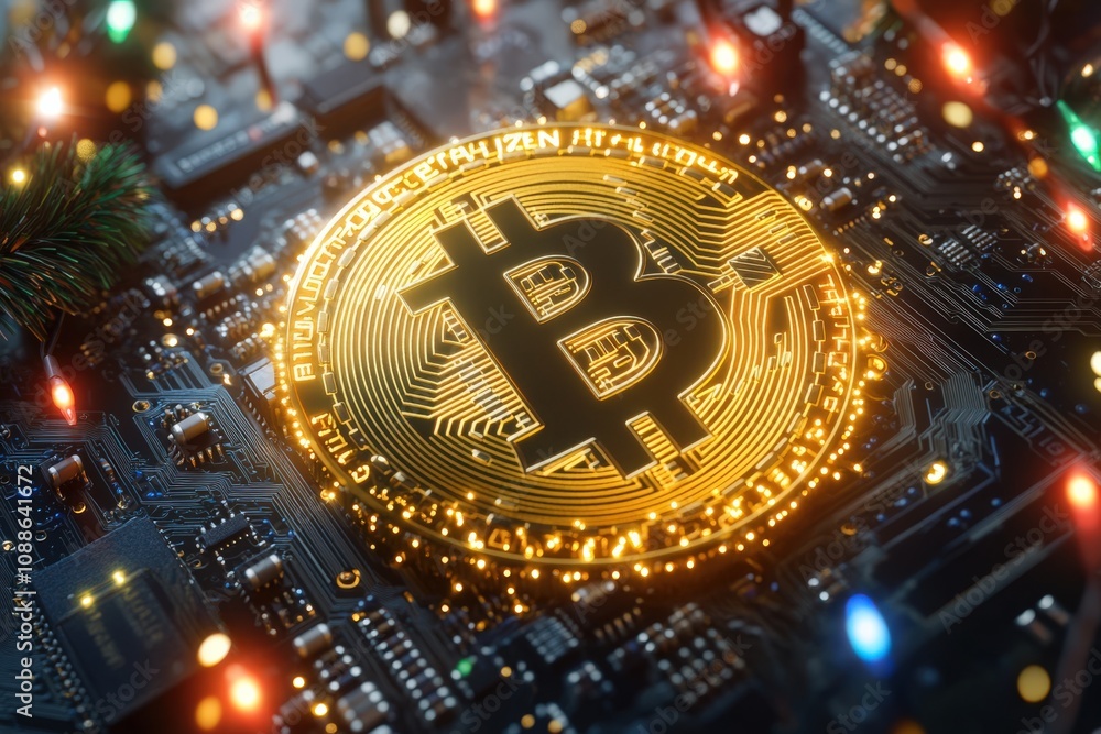 Bitcoin Festive New Year Concept. A glowing Bitcoin symbol on a circuit board, representing the intersection of cryptocurrency and technology. Bitcoin Festive New Year Concept. A glowing Bitcoin symbol on a circuit board, representing the intersection of cryptocurrency and technology.