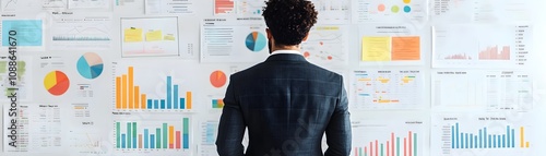 Analyst Standing Before a Whiteboard Filled with Data Visualizations and Charts, Analyzing Market Trends and Insights for Business Growth and Strategy Development