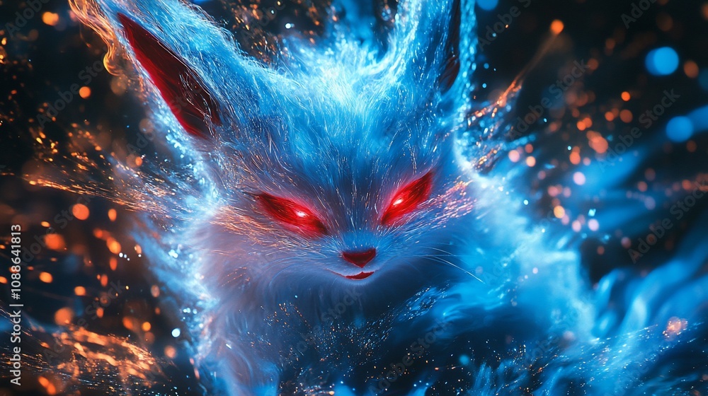 Fiery blue fox creature with red eyes, surrounded by sparks. Fiery blue fox creature with red eyes, surrounded by sparks.