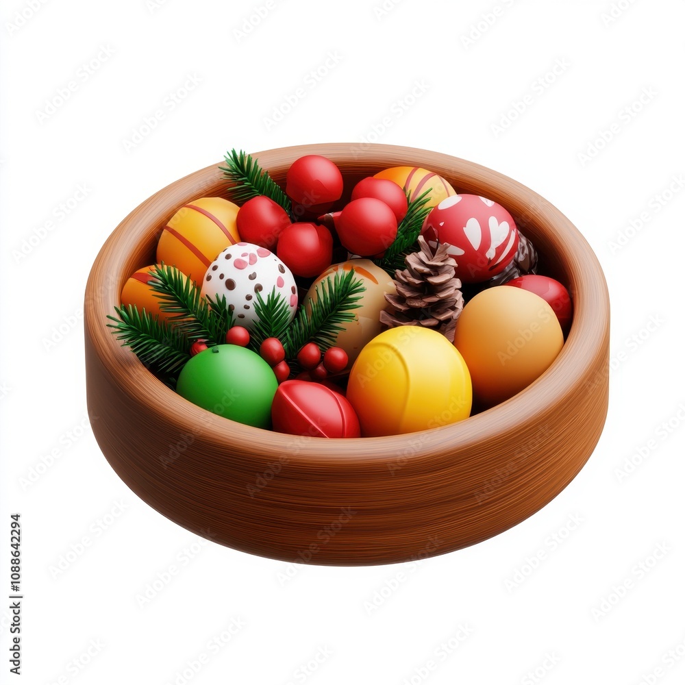 Festive Christmas Ornaments in a Wooden Bowl Festive Christmas Ornaments in a Wooden Bowl