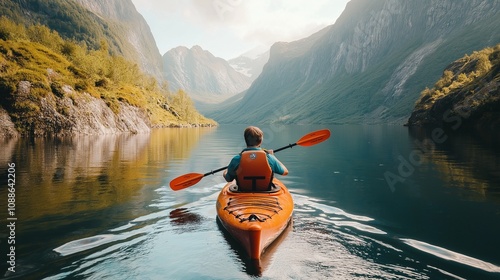 Traveler kayaking in the lake, mountains landscape