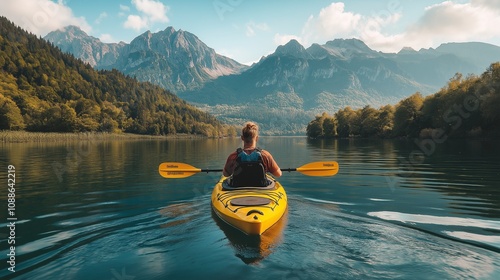 Traveler kayaking in the lake, mountains landscape photo