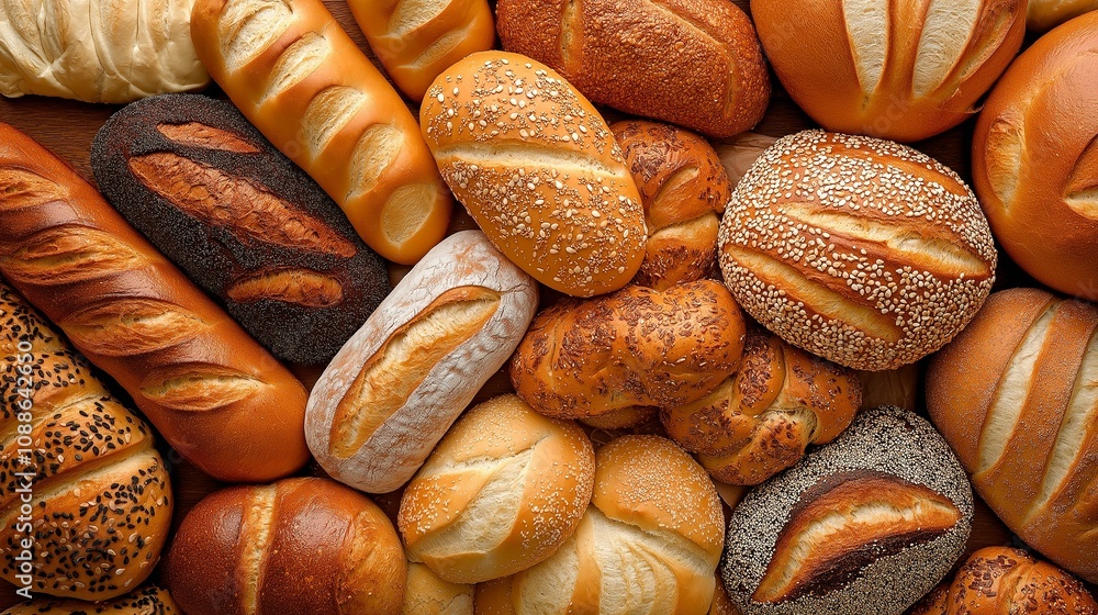 Variety of baked sourdough bread on table. Food concept . Different types of bread Variety of baked sourdough bread on table. Food concept . Different types of bread