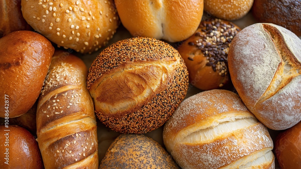Variety of baked sourdough bread on table. Food concept . Different types of bread Variety of baked sourdough bread on table. Food concept . Different types of bread