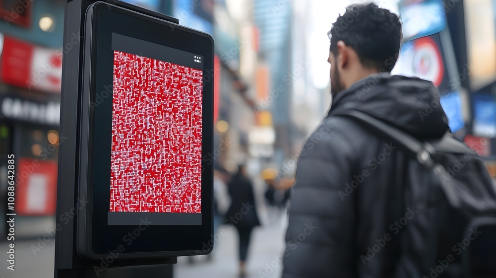 Interactive Digital Billboard Featuring QR Code for Engaging User Experience in Urban Setting with Person in Foreground Encountering Technology Interactive Digital Billboard Featuring QR Code for Engaging User Experience in Urban Setting with Person in Foreground Encountering Technology