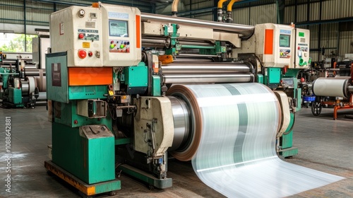 Industrial Printing Machine in a Modern Factory Producing Sheets of Transparent Material with Advanced Technology and Precision Equipment in Operation