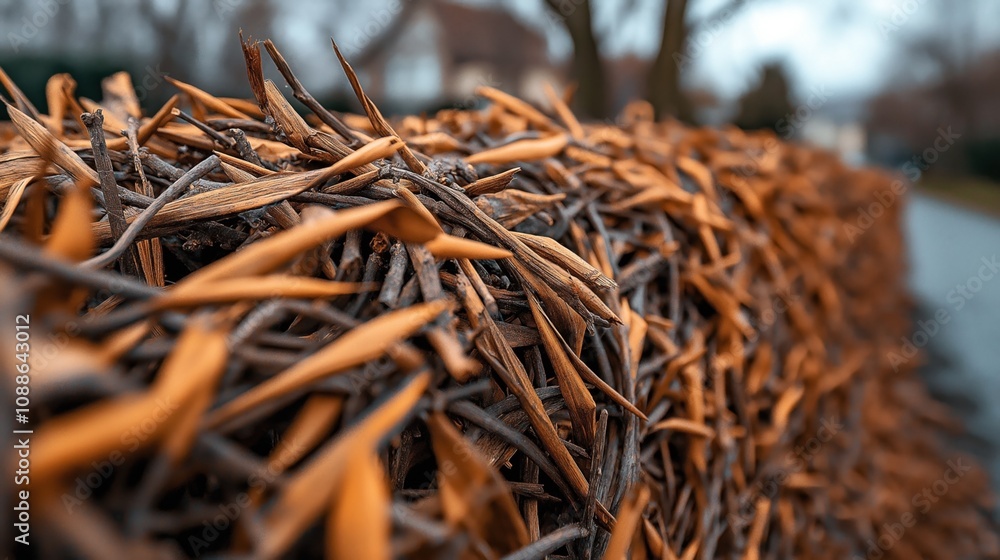 Close-up of a woven fence made from intertwined sticks and dried leaves, with a blurred background in an outdoor setting Close-up of a woven fence made from intertwined sticks and dried leaves, with a blurred background in an outdoor setting