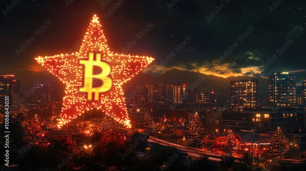Obraz premium Bitcoin Festive New Year Concept. A glowing star adorned with a Bitcoin symbol illuminates a city skyline at night, blending holiday spirit with cryptocurrency.