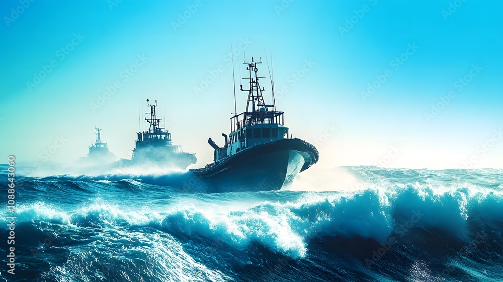 Naval patrol boats cruising through the open sea, maintaining security and vigilance in international waters, symbolizing maritime defense and global cooperation. Naval patrol boats cruising through the open sea, maintaining security and vigilance in international waters, symbolizing maritime defense and global cooperation.
