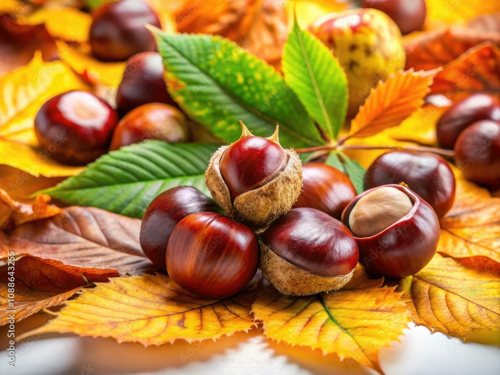 Capturing nature’s autumn beauty, chestnuts and vibrant leaves shine in low light against a pristine white background, showcasing the season's rich colors and textures. Capturing nature’s autumn beauty, chestnuts and vibrant leaves shine in low light against a pristine white background, showcasing the season's rich colors and textures.