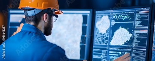 Petroleum engineer meticulously analyzing geological data on multiple screens in a modern office environment, showcasing advanced technology and expertise.