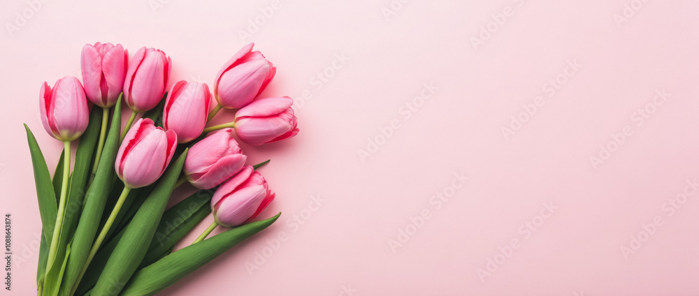 Beautiful Spring Flowers Bouquet of Pink Tulips on Pastel Pink Background Beautiful Spring Flowers Bouquet of Pink Tulips on Pastel Pink Background