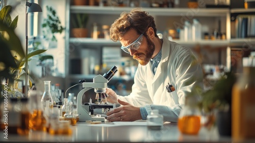 A male scientist in a lab coat and safety goggles is looking through a microscope. He is surrounded by beakers and other scientific equipment.