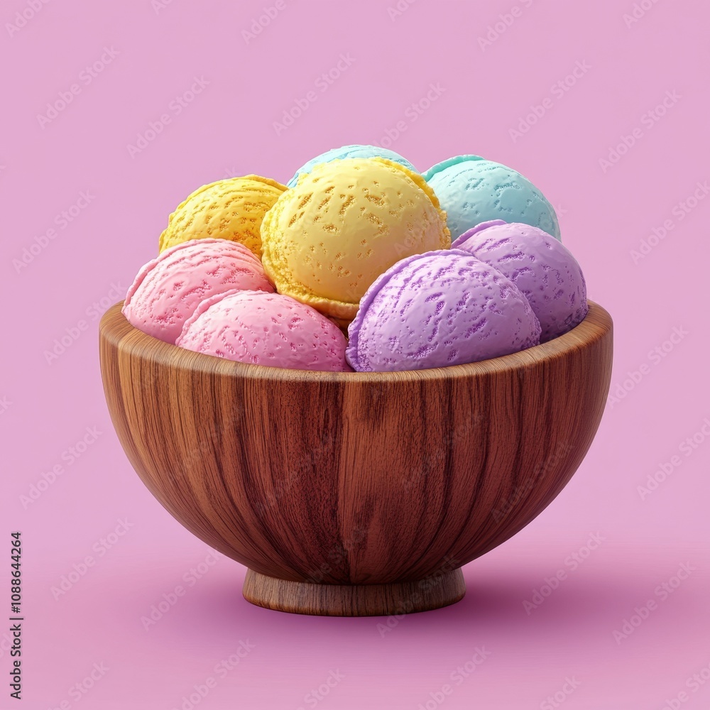 Colorful Ice Cream Scoops in Wooden Bowl on Pink Background Colorful Ice Cream Scoops in Wooden Bowl on Pink Background