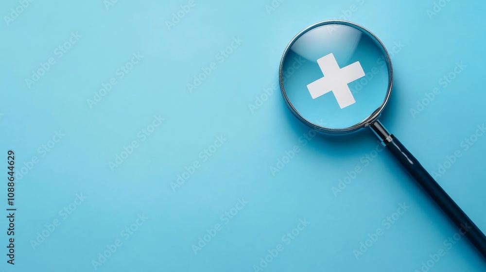 A magnifying glass focuses on a white plus sign against a blue background, symbolizing search, analysis, or medical themes. A magnifying glass focuses on a white plus sign against a blue background, symbolizing search, analysis, or medical themes.