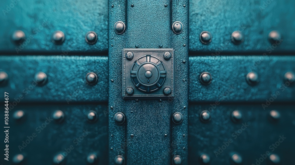 Fototapeta premium Teal Metal Safe Door Security Combination Lock Rivets Texture