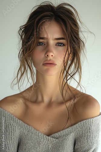 Wallpaper Mural Pensive woman with loose hair and off-shoulder sweater in natural light Torontodigital.ca