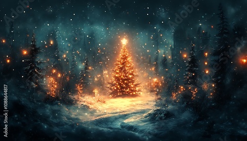 Tree with Lights in the Snow

