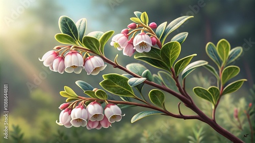 Beauty Arctostaphylos urva ursi flower, garden decoration, copy space blurred background. photo