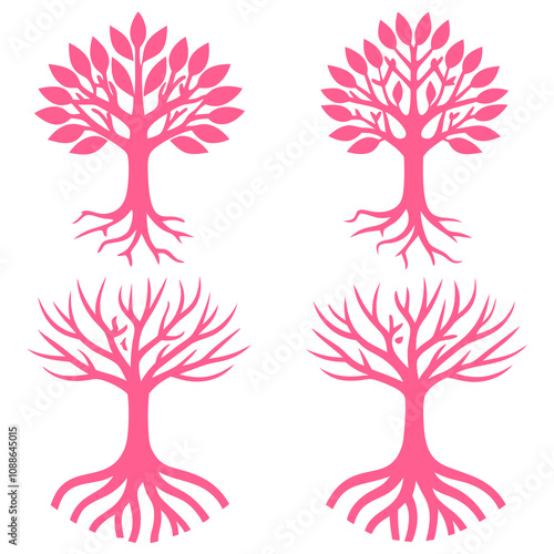 Tree with roots doodle line art vector illustration set