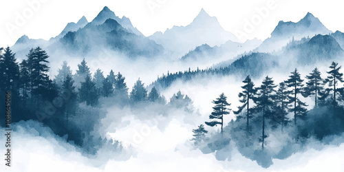 
Abstract foggy mountain landscape with pine trees, vector watercolor illustration isolated on a white background