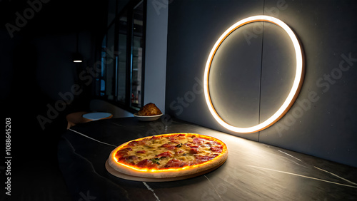 Glowing Pizza Crust Ring on Dark Background for Sleek Food Design