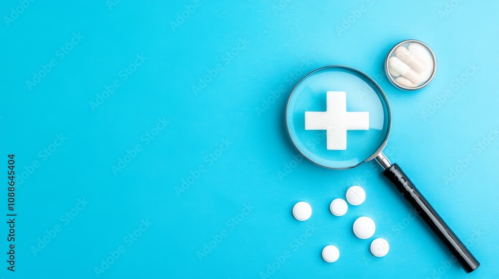 Obraz premium A magnifying glass highlighting a medical cross over white pills, symbolizing health and medicine on a bright blue background.