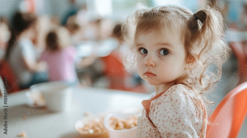 Toddler Girl Sitting at Table Looking Backwards Toddler Girl Sitting at Table Looking Backwards