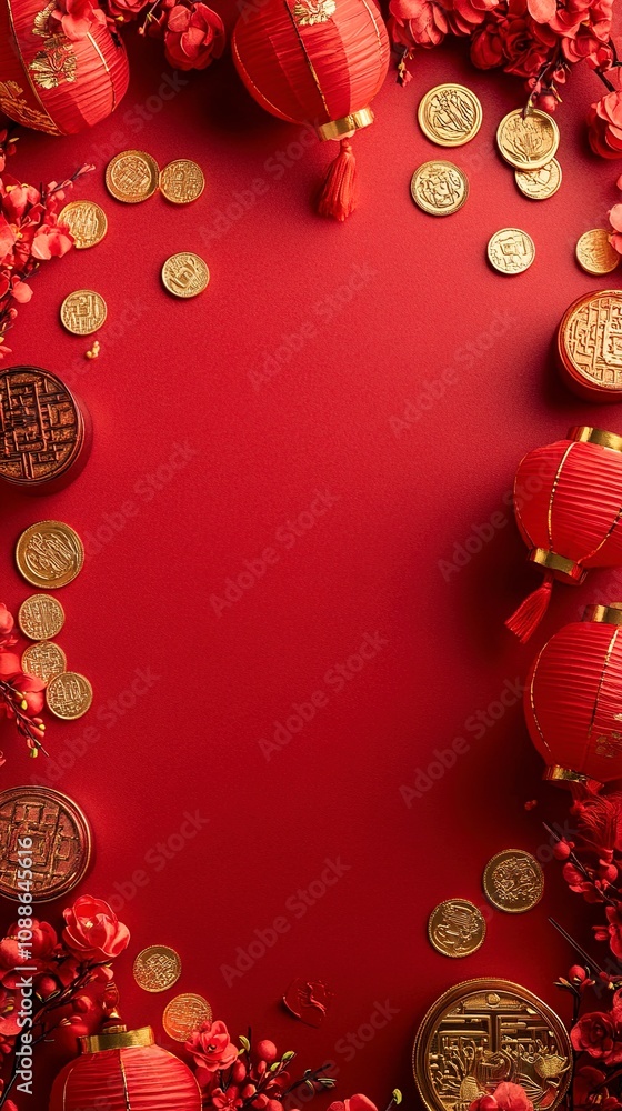 Festive Chinese New Year Background with Red Lanterns, Gold Coins, and Blossoms Festive Chinese New Year Background with Red Lanterns, Gold Coins, and Blossoms