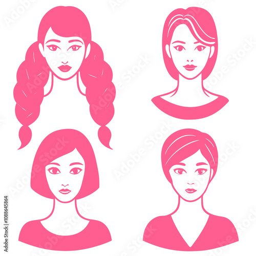 woman Hairstyle Wigs  doodle line art vector illustration set