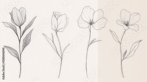 Elegant Line Art of Nature, sophisticated line drawings of leaves and flowers on a neutral background highlighting their graceful simplicity and organic beauty