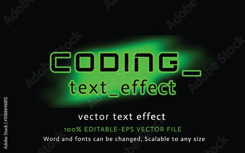 A dynamic green neon coding text effect in a vector format, perfect for digital design projects. The editable file allows customization of words and fonts to suit various creative needs.