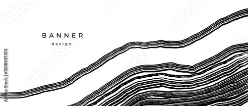 Black and white banner with wood annual rings texture. Template with shiny tree ring pattern. Stamp of tree trunk in section. Wooden concentric circles. Grunge background