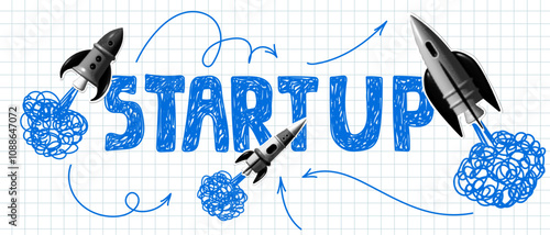 Business start up banner with launching rockets. Modern collage with halftone rockets. Startup lettering, arrows