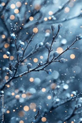 Snow falling on frozen branches and berries creating a silver cold blue bokeh background, perfect for winter and christmas themes