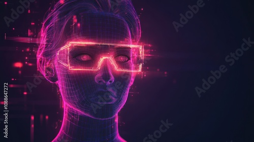 A woman's face with a futuristic digital grid overlay and glowing red glasses.