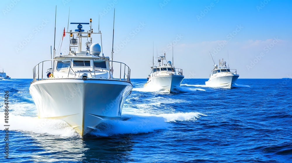 Naval patrol boats cruising through the open sea, maintaining security and vigilance in international waters, symbolizing maritime defense and global cooperation. Naval patrol boats cruising through the open sea, maintaining security and vigilance in international waters, symbolizing maritime defense and global cooperation.