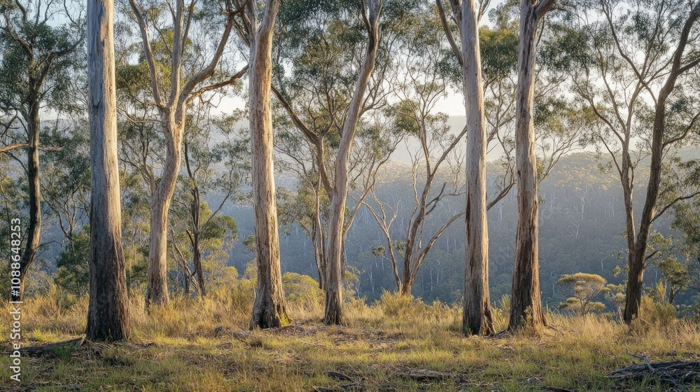 Tall Trees in Lush Forest, showcasing the elegant verticality of towering trunks amidst a serene, softly blurred backdrop of dense foliage and earth tones. Tall Trees in Lush Forest, showcasing the elegant verticality of towering trunks amidst a serene, softly blurred backdrop of dense foliage and earth tones.
