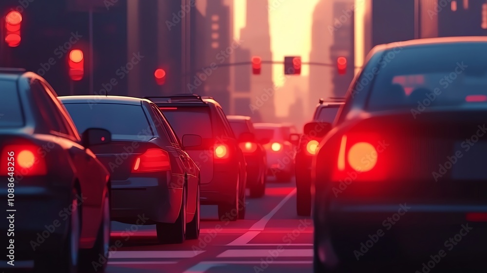 A line of cars stopped at a red light in the city at sunset. A line of cars stopped at a red light in the city at sunset.