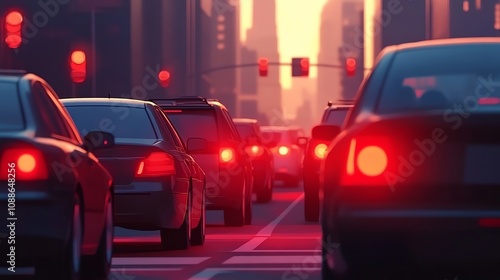 A line of cars stopped at a red light in the city at sunset.