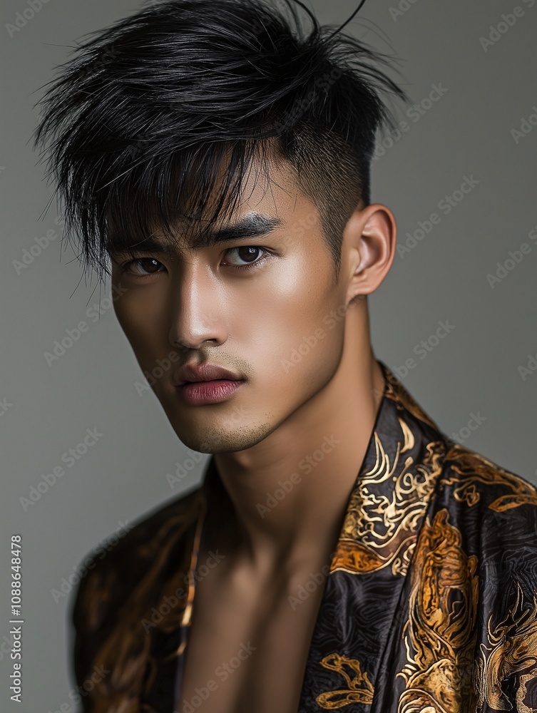 Stylish Asian Male with Topknot Hairstyle Posing in Elegant Attire, Showcasing Modern and Trendy Fashion, Perfect for Fashion Editorials and Grooming Promotions Stylish Asian Male with Topknot Hairstyle Posing in Elegant Attire, Showcasing Modern and Trendy Fashion, Perfect for Fashion Editorials and Grooming Promotions