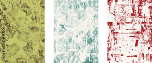 Set of posters with glitch distorted grunge texture. Poster collection texture with halftone dots, glitched shapes, textures and lines .Screen print vector poster pack with grunge textured surface