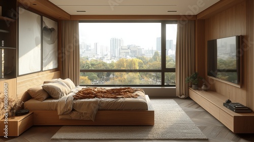 Cozy modern bedroom with large window showcasing urban skyline in late afternoon light