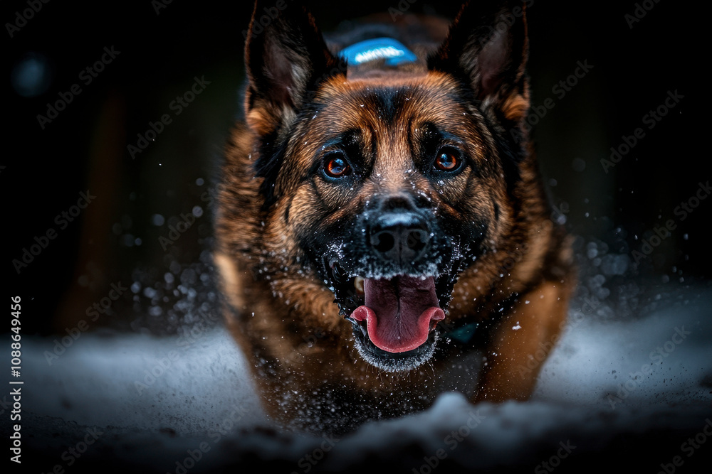 In the heart of a snow-filled forest, a dog bounds with abandon through the snow, its tongue out. In the heart of a snow-filled forest, a dog bounds with abandon through the snow, its tongue out.