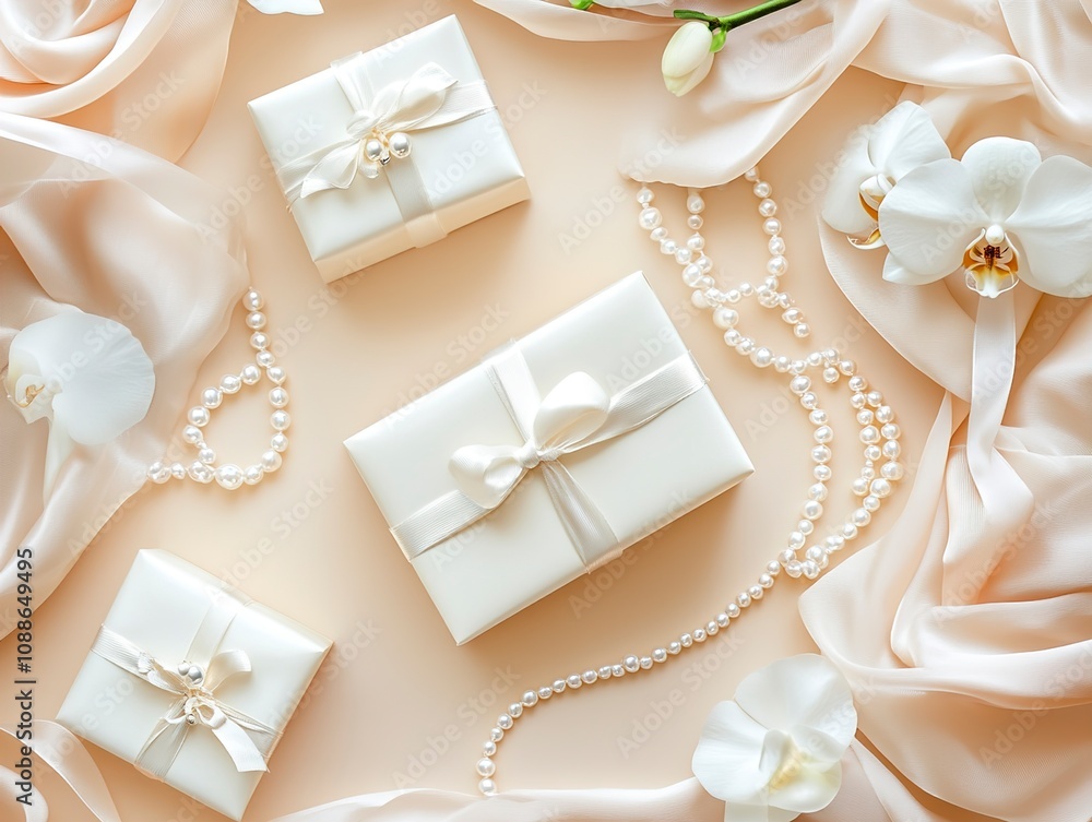 Elegant Gift Boxes with Pearls and Orchids on Silk Fabric Elegant Gift Boxes with Pearls and Orchids on Silk Fabric