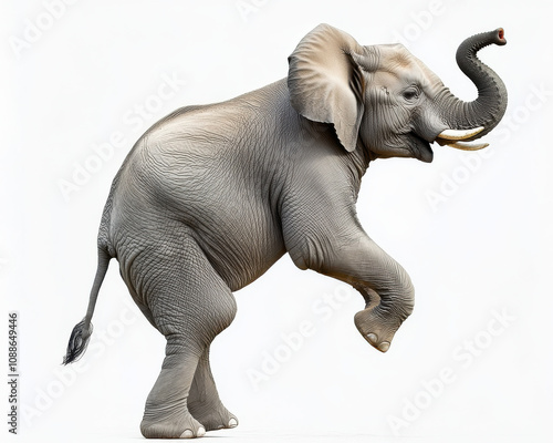 realistic depiction of elephant standing on its hind legs, showcasing its strength and grace. elephant trunk is raised, conveying sense of playfulness and vitality