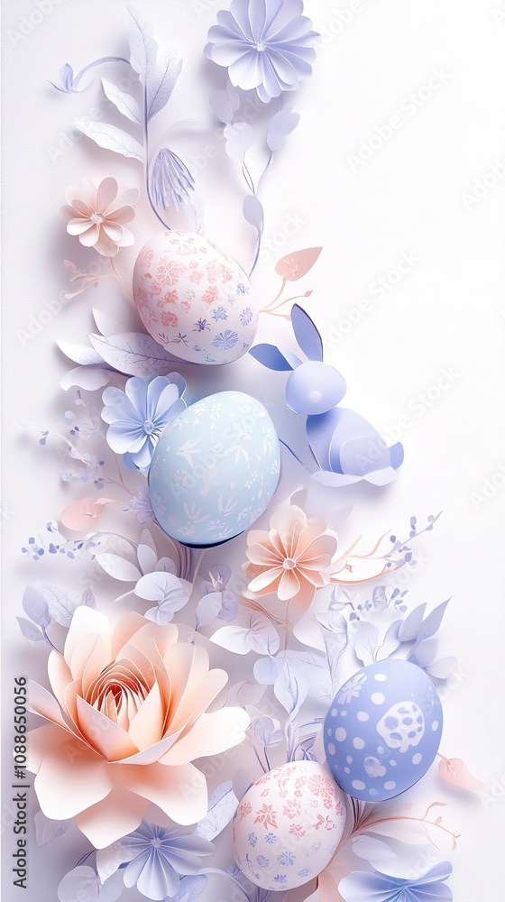 Pastel Easter Eggs and Paper Flowers Vertical Composition Pastel Easter Eggs and Paper Flowers Vertical Composition