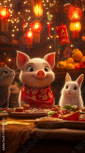 Adorable Pig, Cat, and Rabbit Enjoying a Festive Chinese New Year Meal